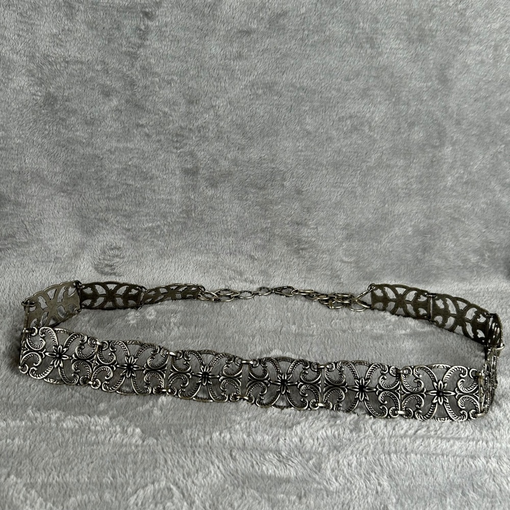 Vintage Silver Filigree Metal Chain Belt Floral Black Rhinestone Boho L XL